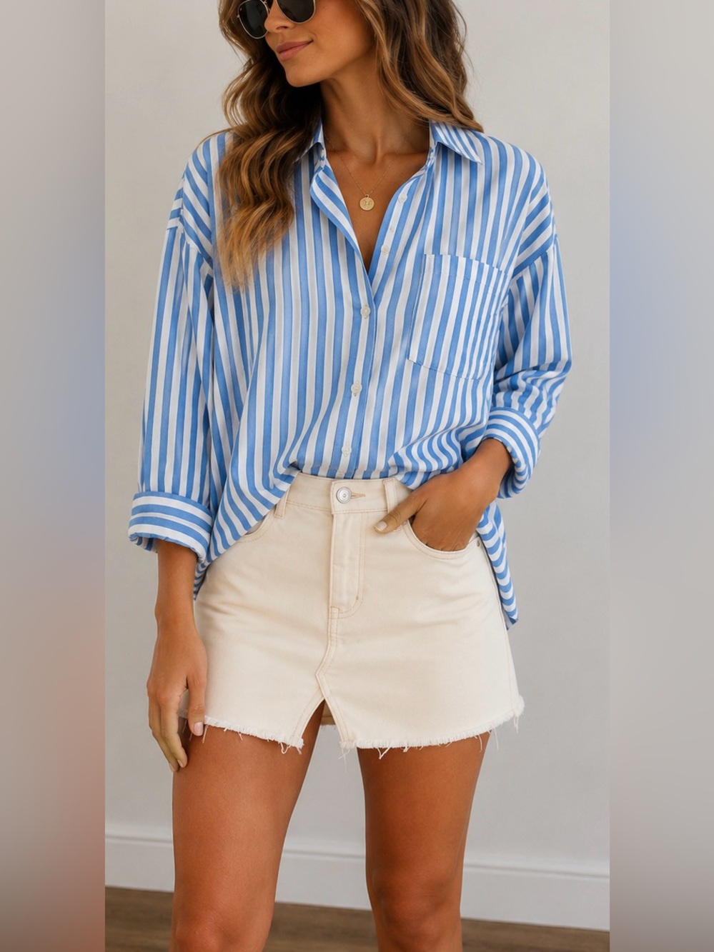 BDG Urban Outfitters Cream Denim Mini Skirt Frayed Hem Size L